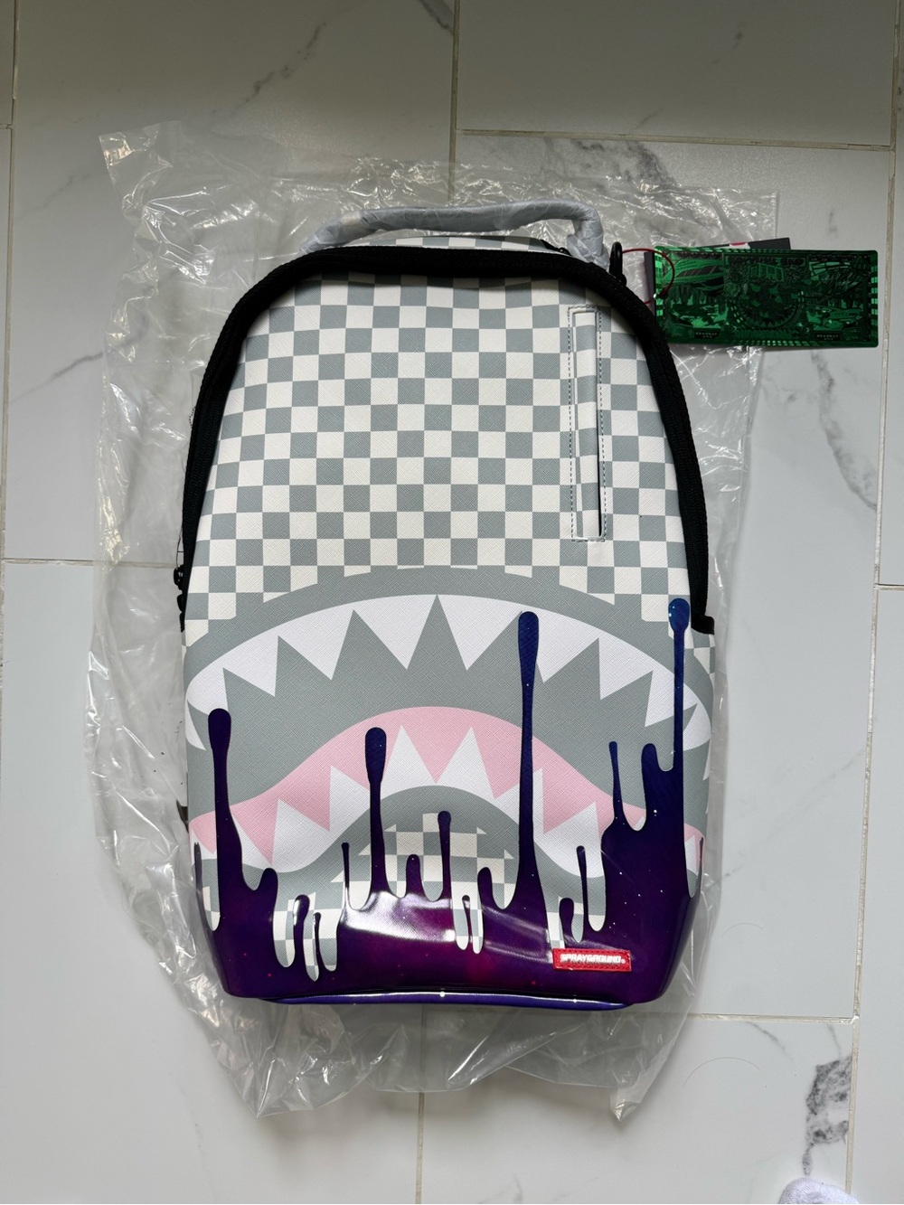 Sprayground Gray & Pink Checkerboard Backpack with Purple Accent